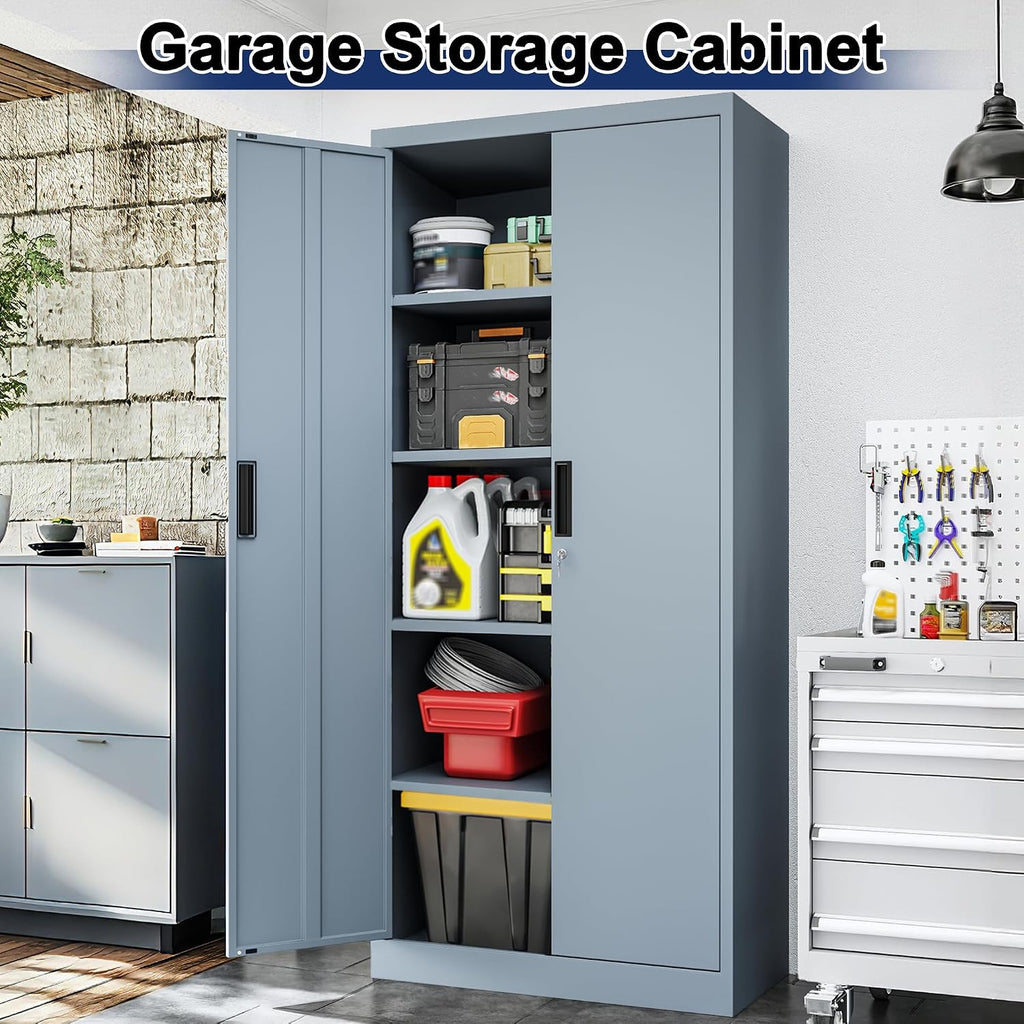besfur metal garage storage cabinet with locking doors shown in use