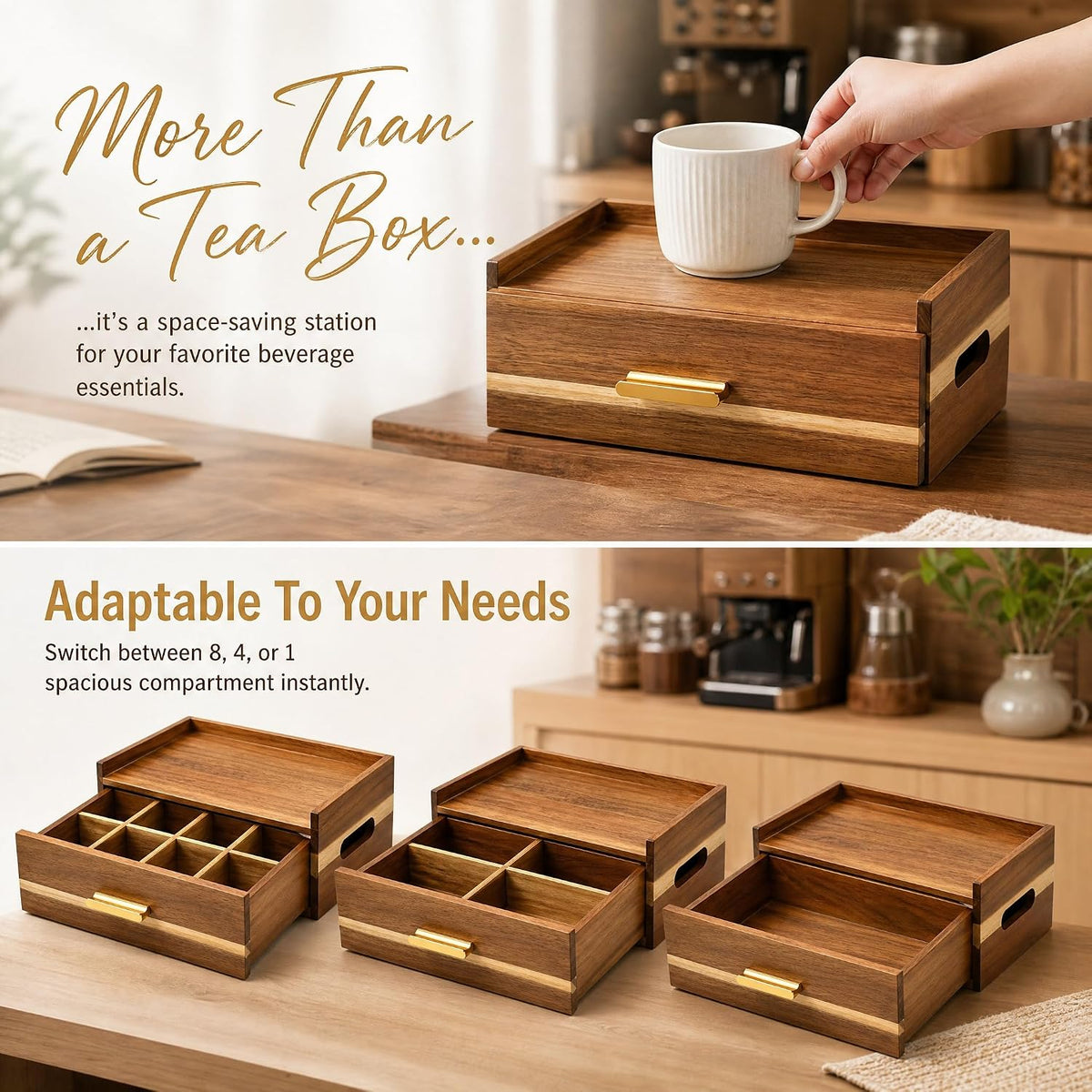 Acacia Wood Tea Bag Organizer 8 Compartment Storage Box & Organizer with ...