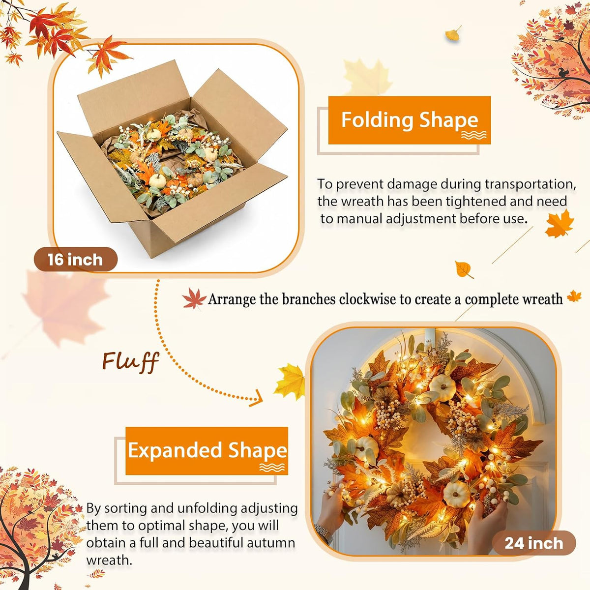 24IN Fall Wreath Prelit for Front Door, Halloween, Thanksgiving Decor