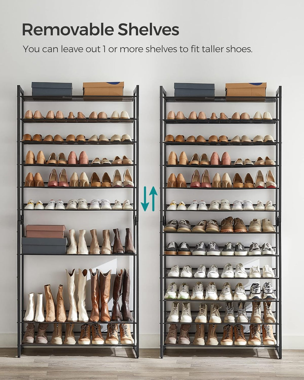 songmics shoe rack, 12-tier shoe organizer, metal shoe, side view
