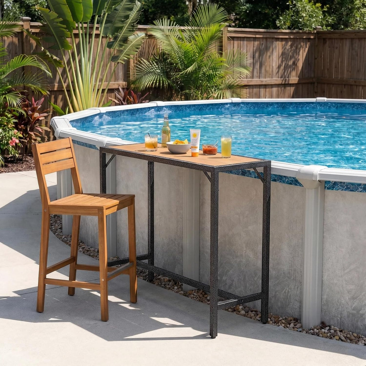 TLSUNNY 47" Patio Bar Table, Sturdy Outdoor Counter Height Table, Teak