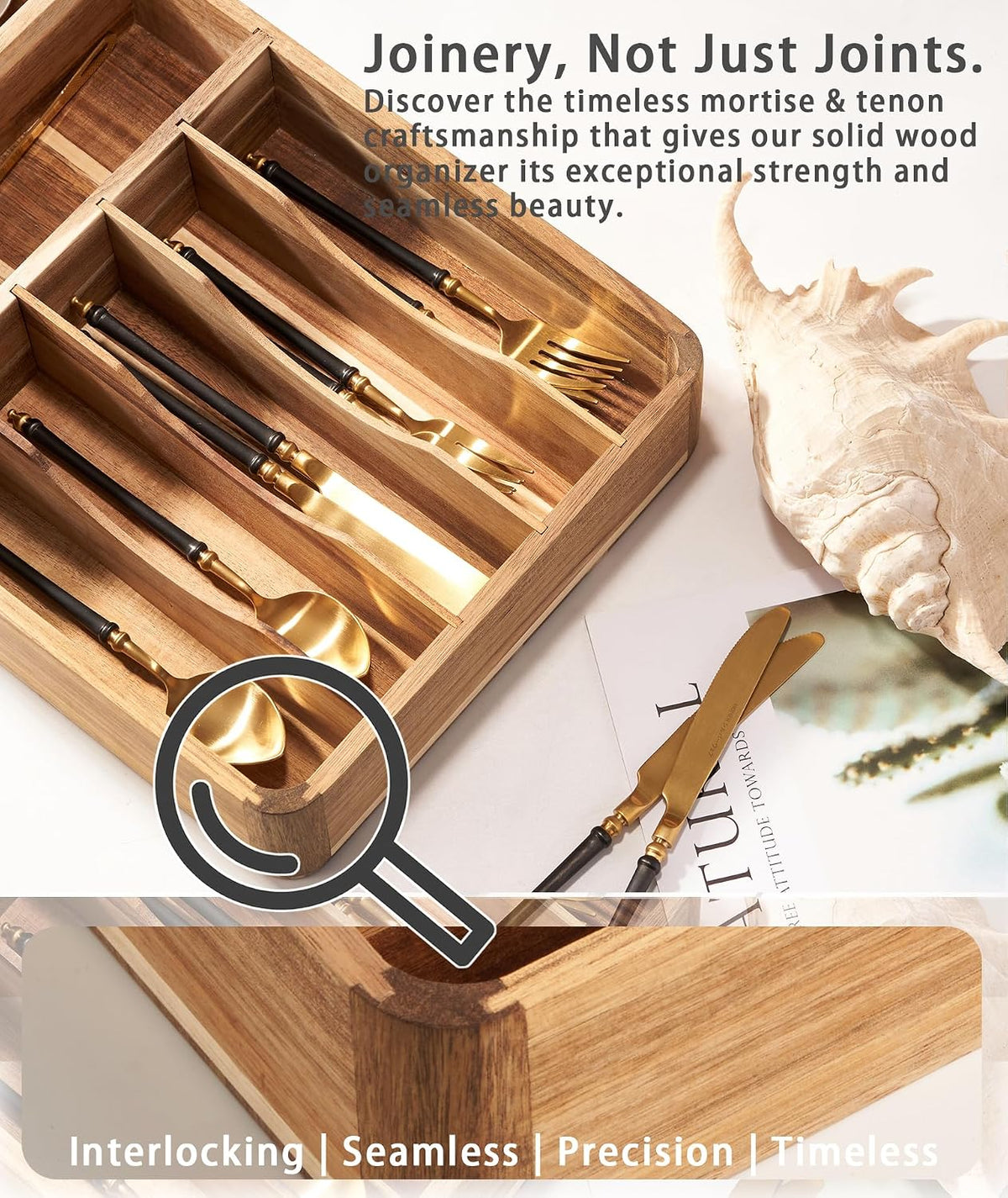 Silverware Drawer Organizer, Acacia Wood Tray for Cutlery & Flatware | 7-...