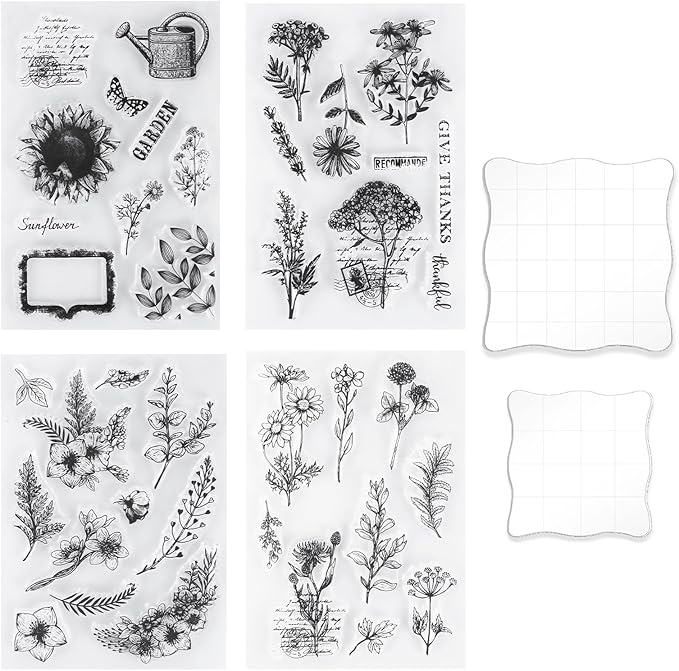 UCEC 4 Sheets Clear Stamps Set for Card Making and 2 Pcs Acrylic Stamp Block by UCEC