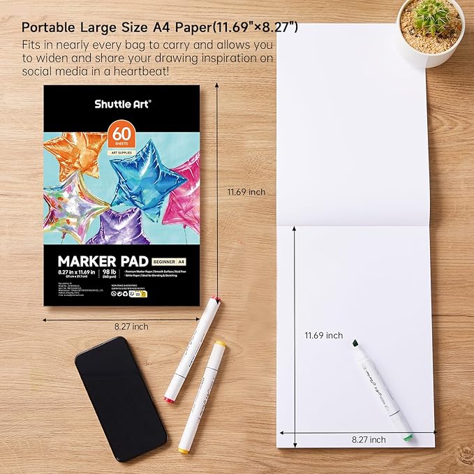 Shuttle Art Marker Pad, 11.69”x8.27” Portable A4 Sketchbook, 60 Sheets Drawing - Image 4