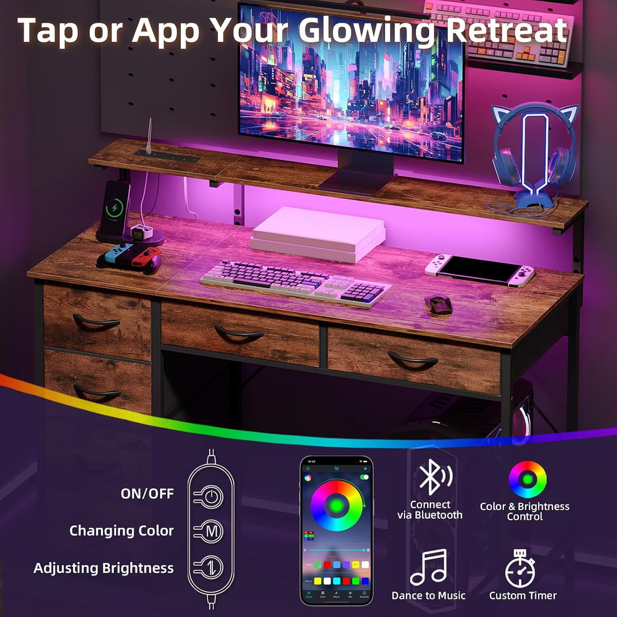 Somdot Computer Desk with Power Outlet and LED Lights, Desk with 6 Drawers