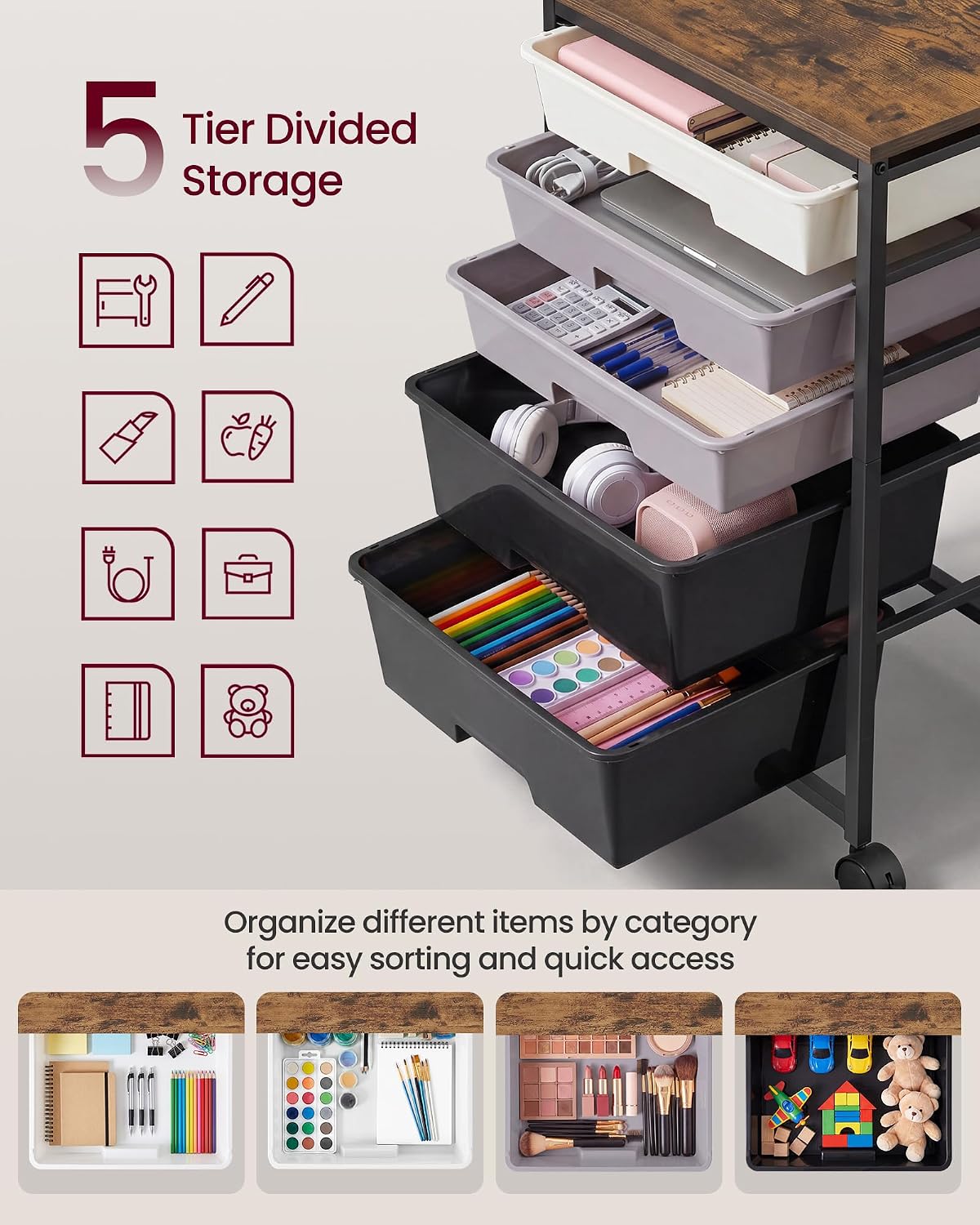 VASAGLE Rolling Cart with Drawers,5 Drawers Storage Cart, Black