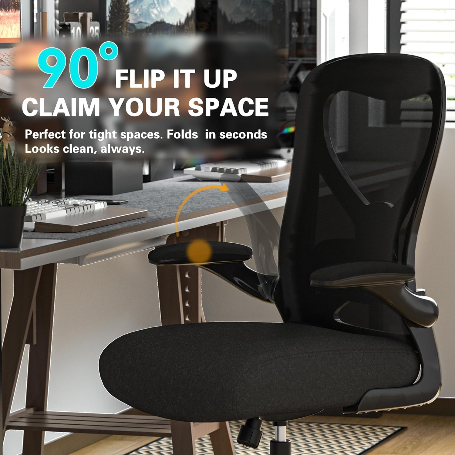 Ergonomic Home Office Chair, 4-Way Lumbar, Thick Cushion, 330LBS | Adjustable Lumbar (up/down/in/out), Rocking Mesh Back, Flip-up Arms, Easy Assembly, Ideal for home offices & small workspaces