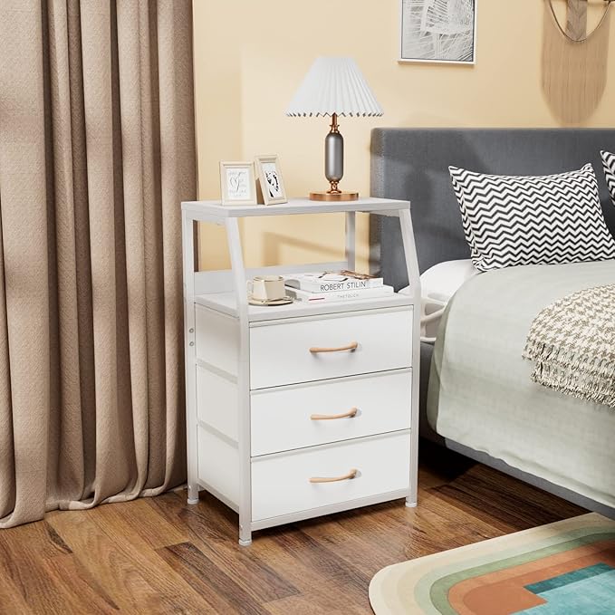Furnulem White Nightstand with 3 Drawers and 2-Tier Shelf, Small Night Stand - Image 8