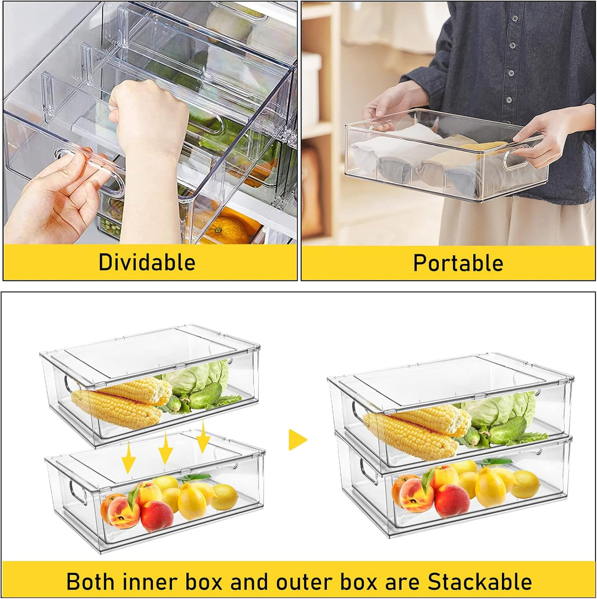 4 Pack Refrigerator Organizer Bins with Pull-out Drawer Stackable Clear Fridg...