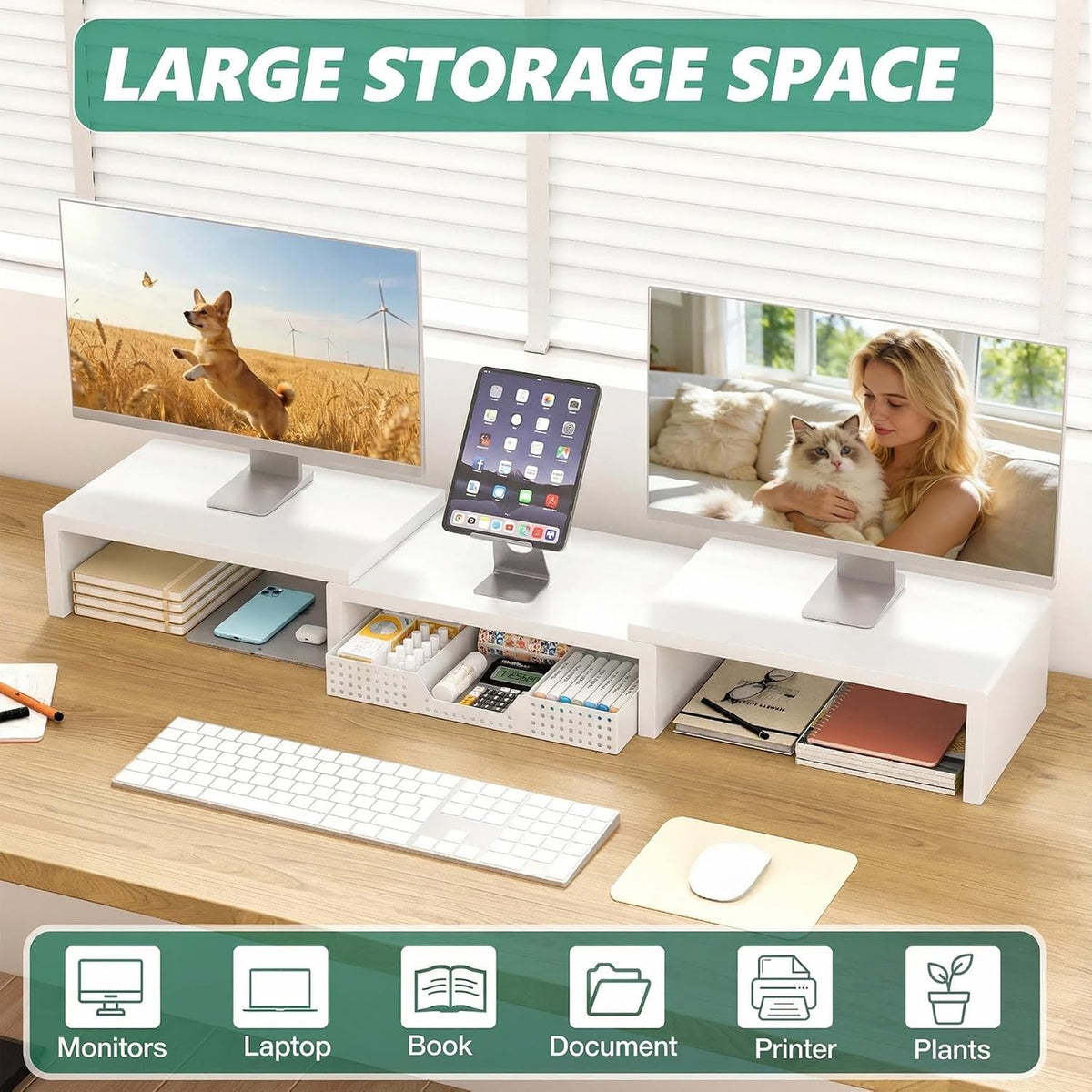 OPNICE Dual Computer Monitor Stand Riser, Desk Organizer with Drawer, Office ...