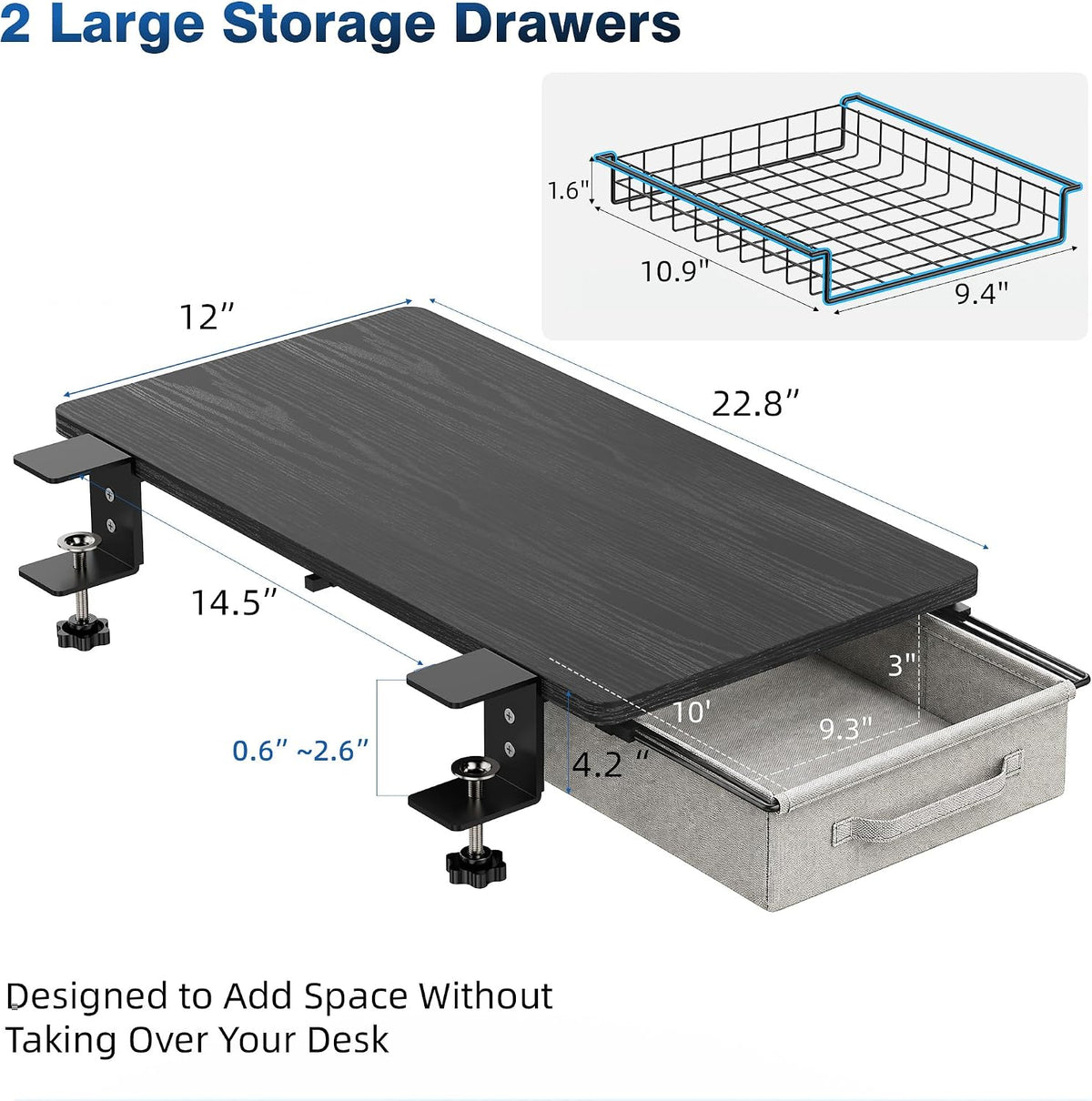 Desk Extender Tray, Clamp On Desk Shelf with Exchangeable 2 Drawers, Grey