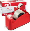 SAX Tape It Easy XXL Single Hand Tape Dispenser Extra Heavy for 1 x 50 mm Tape or 2 x 25 mm Tape, Parcel Tape Dispenser with Pen Holder Function, Non-Slip, Includes Double-Sided Blade, Red