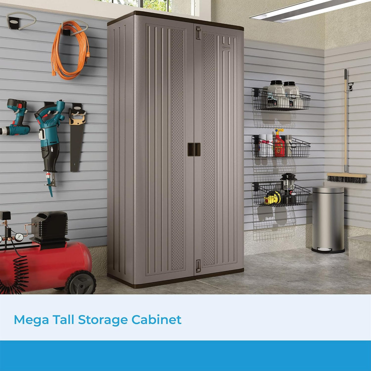 suncast mega tall storage cabinet for garage organization shown in use