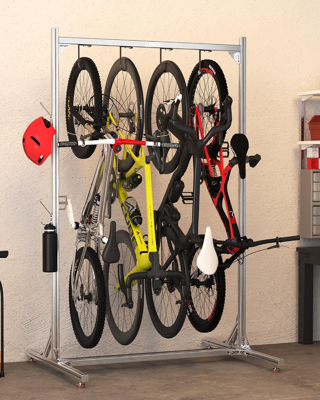 aluminum alloy freestanding bike rack for 4 bikes, front angle view