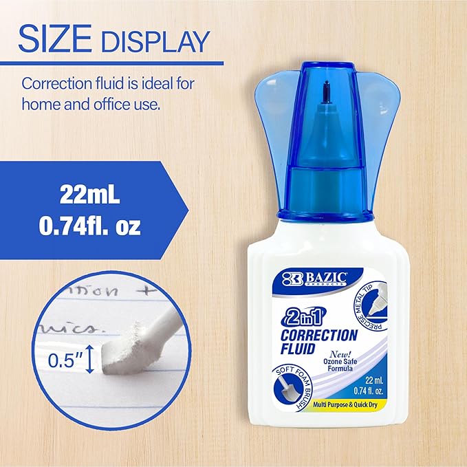 BAZIC Products Correction Liquid 2 in 1, Foam Brush & Precise Metal Tip - Image 2