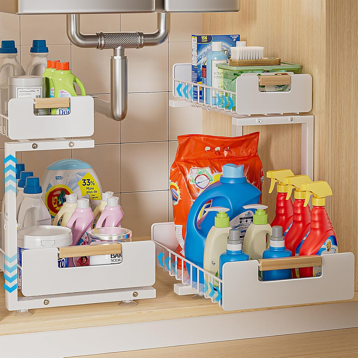 Delamu Under Sink Organizer Kitchen, 2-Tier Pull-Out Cabinet Shelf, 2-Pack