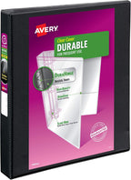 Avery® Durable View 3 Ring Binder, 1" EZD® Rings, 1 Black Binder | For Daily School, Home and Office Use, DuraHinge Tear-Resistant Spine, DuraEdge Split-Resistant Sides, Clear Overlays