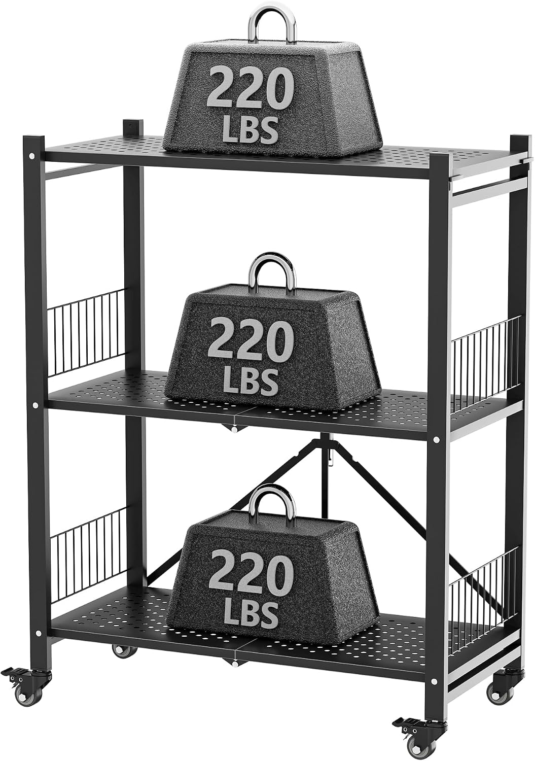 Folding Storage Shelves No Assembly, 3 Tier Metal Foldable Shelves with Wheel...