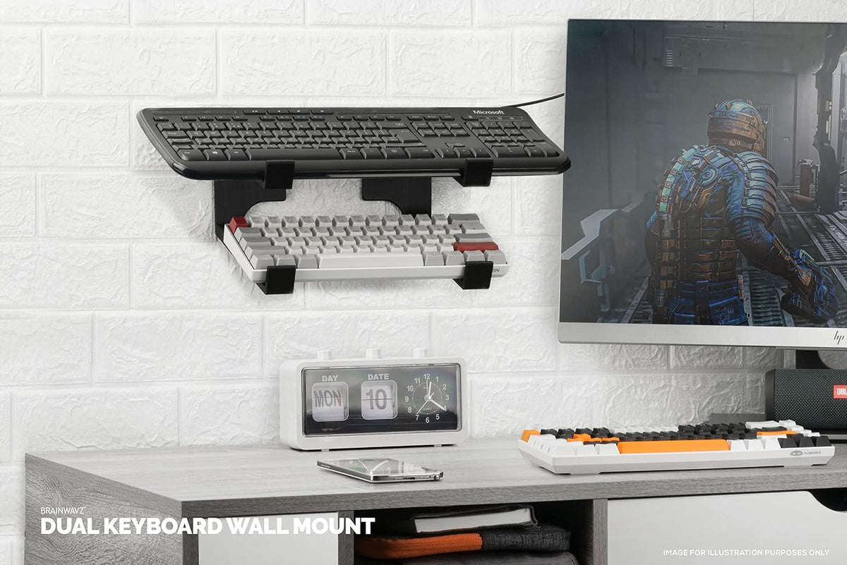 BRAINWAVZ Dual Gaming Keyboard Stand for Wall Mounting - Adhesive or Screw Mo...