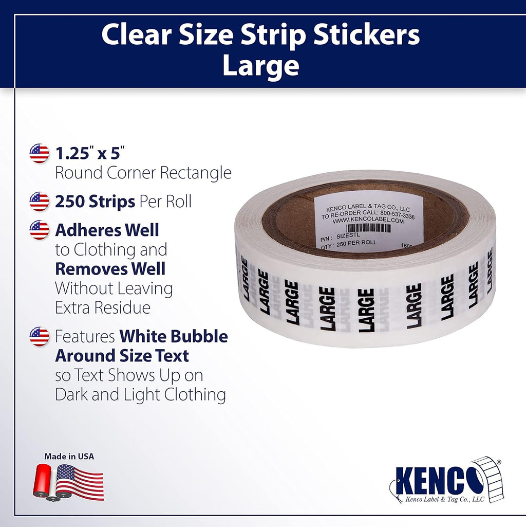 Clothing Size Strip Labels - 1.25" X 5" - 250 Strips Per Roll - Clear with Black and White Ink by Kenco (Large)