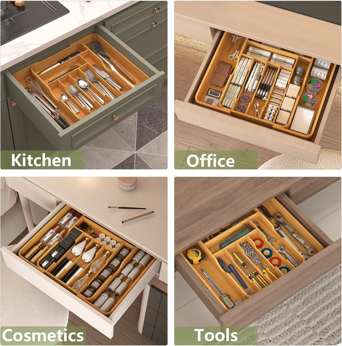 Suli Extra Large Silverware Drawer Organizer,Expand 12.6in to 19.7in,Bamboo