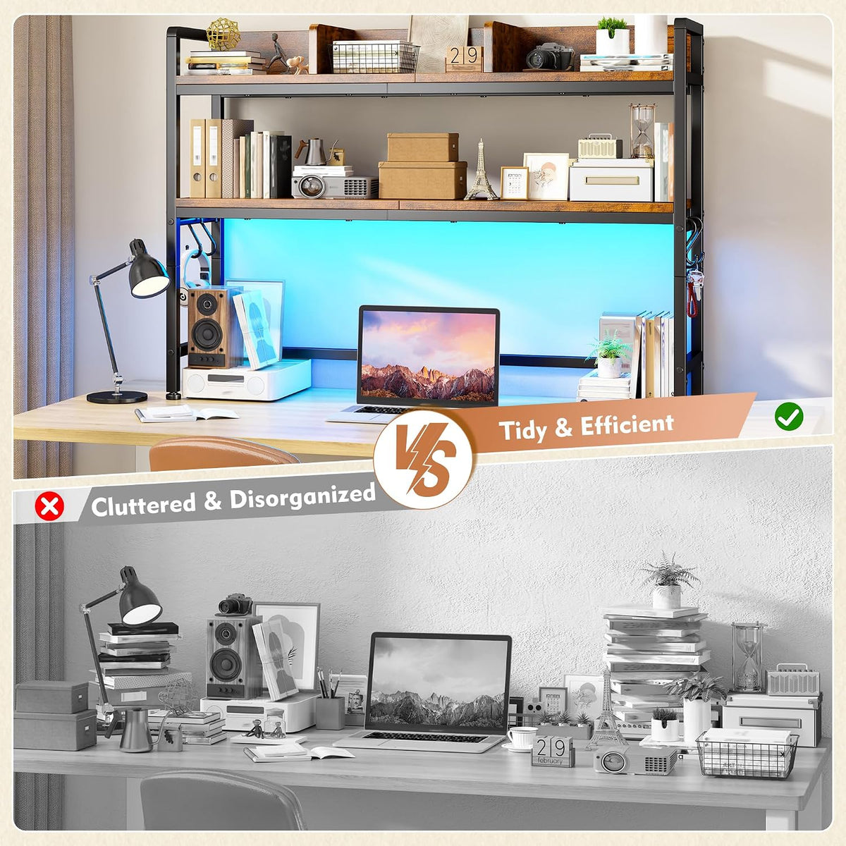 REIBII 2-Tier Desk Shelf, LED, Bedroom and Home Office, Rustic Brown