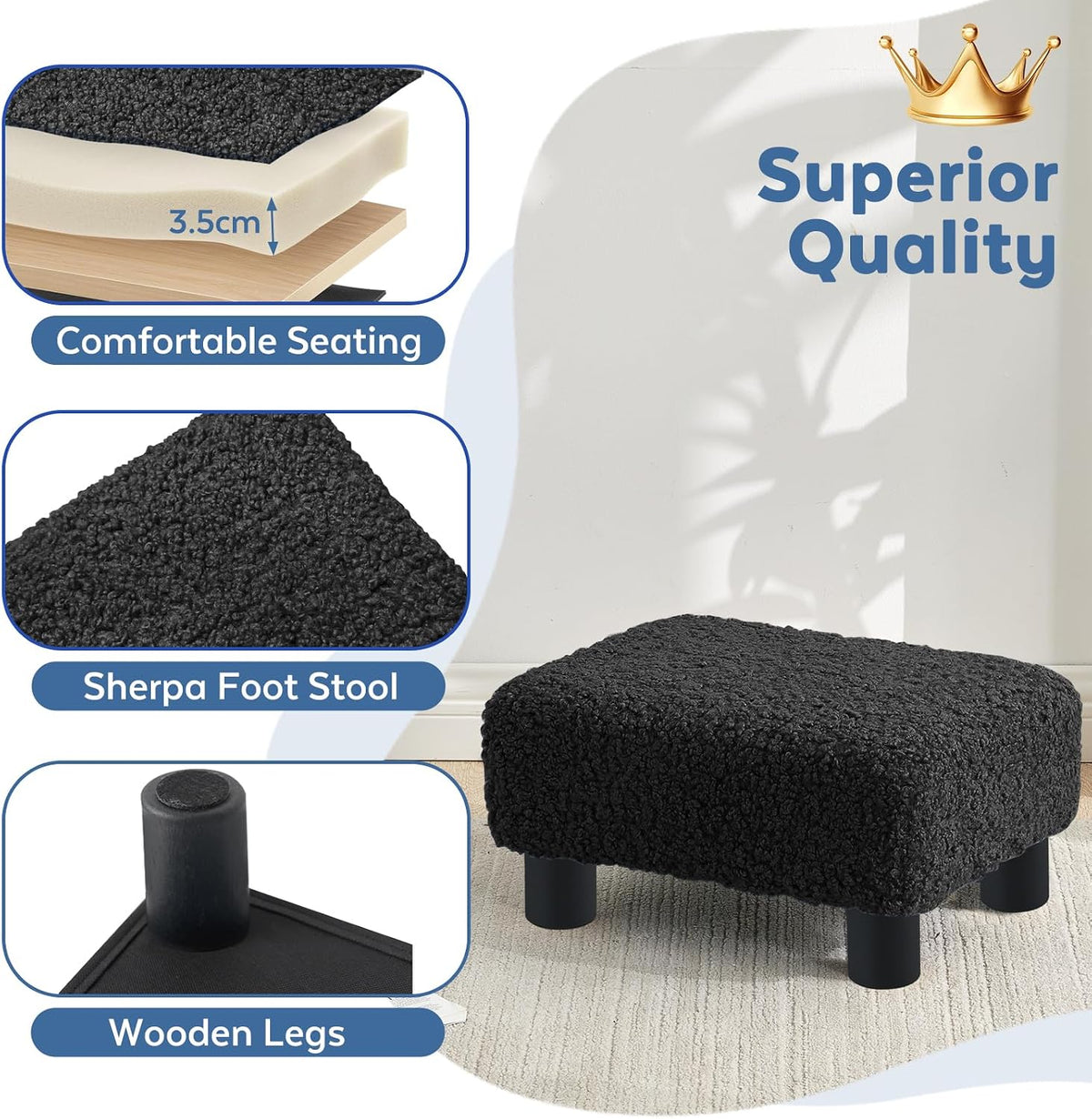 BRIAN & DANY Small Foot Stool Ottoman, Footstool with Legs, Sherpa Foot R...