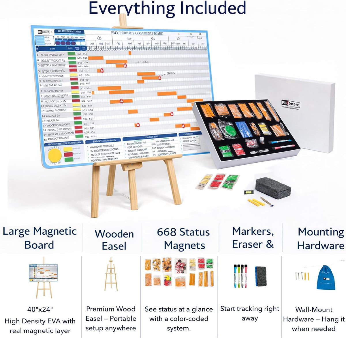 Gantt Chart Magnetic Whiteboard Kit, 40" x 24", 668 Pieces + Easel ...