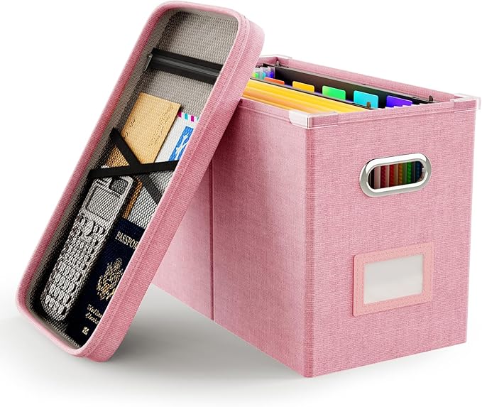 Oterri File Organizer Box with Lid, Hanging Filing File Box with Mesh Pocket by Oterri
