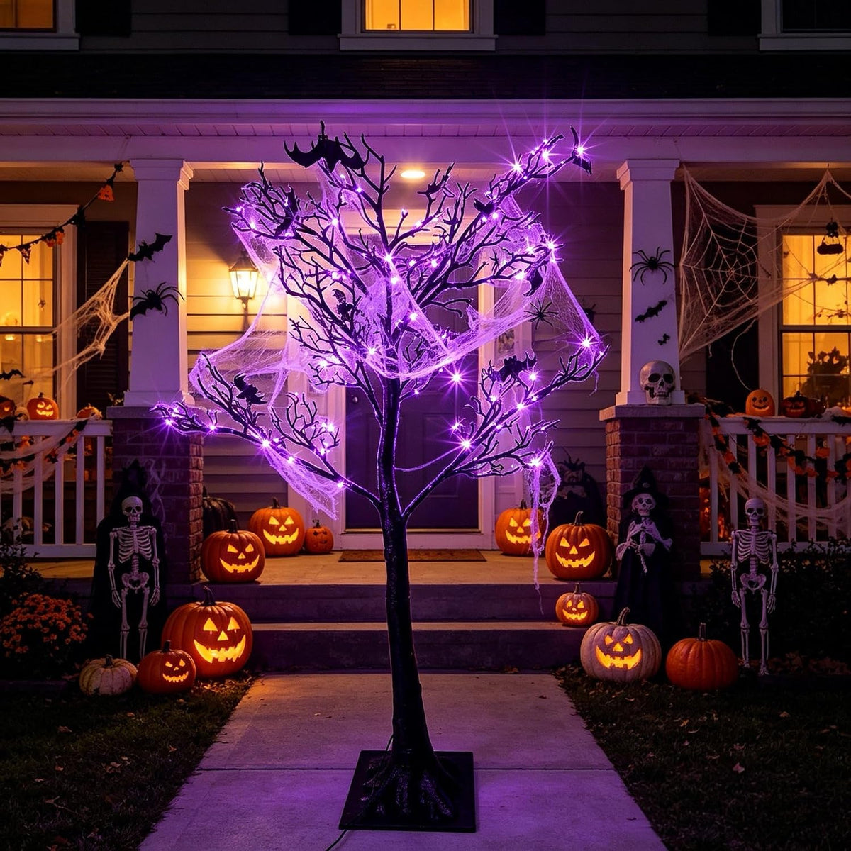 HipTree Lighted Black Halloween Tree 4ft with 150LED Orange Purple Lights