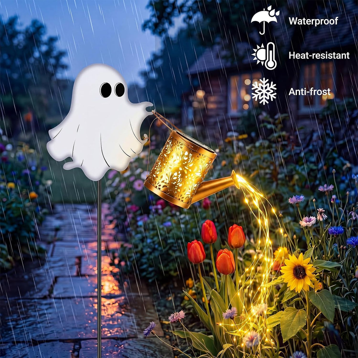 2pcs Halloween Ghost Solar Lights Outdoor Kettle Light Decor, Warm Light