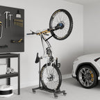 vertical bike stand, freestanding bike rack for garage shown in use
