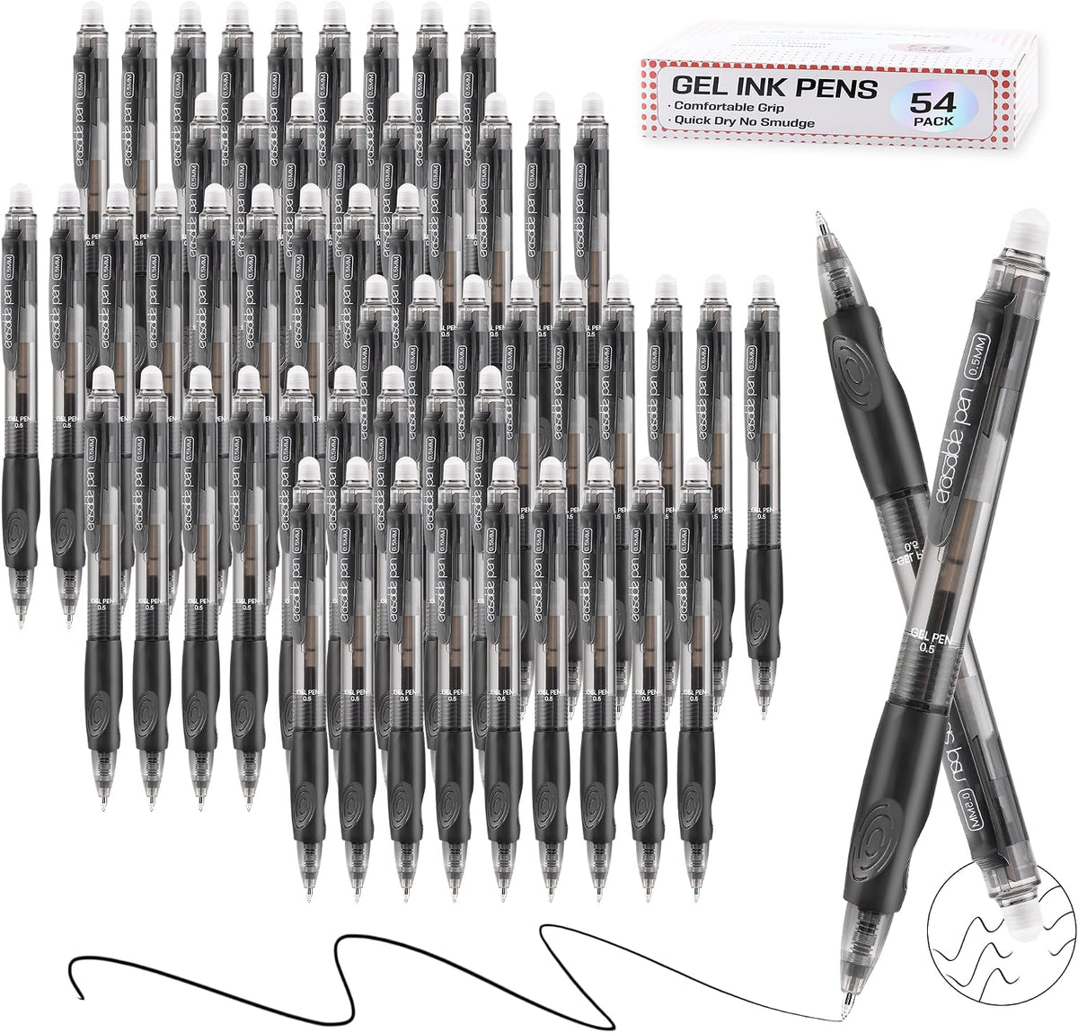USUAL 54 Pack Black Retractable Erasable Gel Pens Clicker, Fine Point 0.5mm