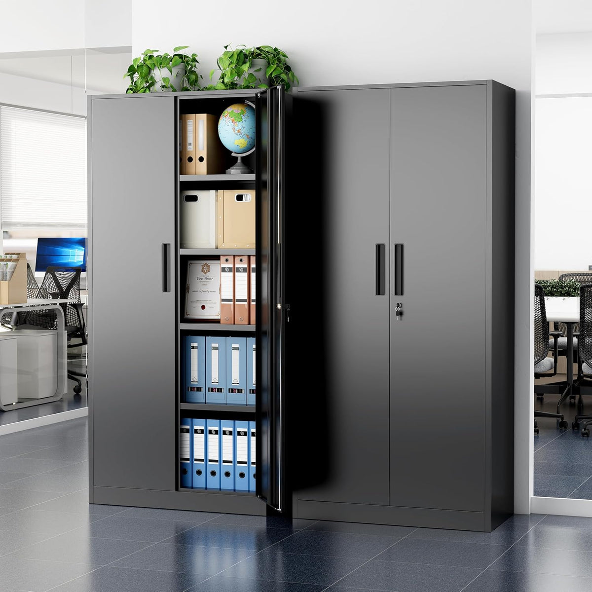 greenvelly metal cabinet, 72" black locking metal storage shown in use