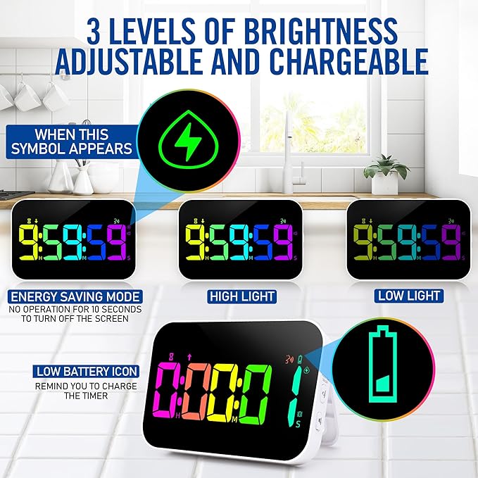 Kitchen Timer（1.5" Number）with Voice Reminder, 10 RGB Color Changing Digital - Image 8