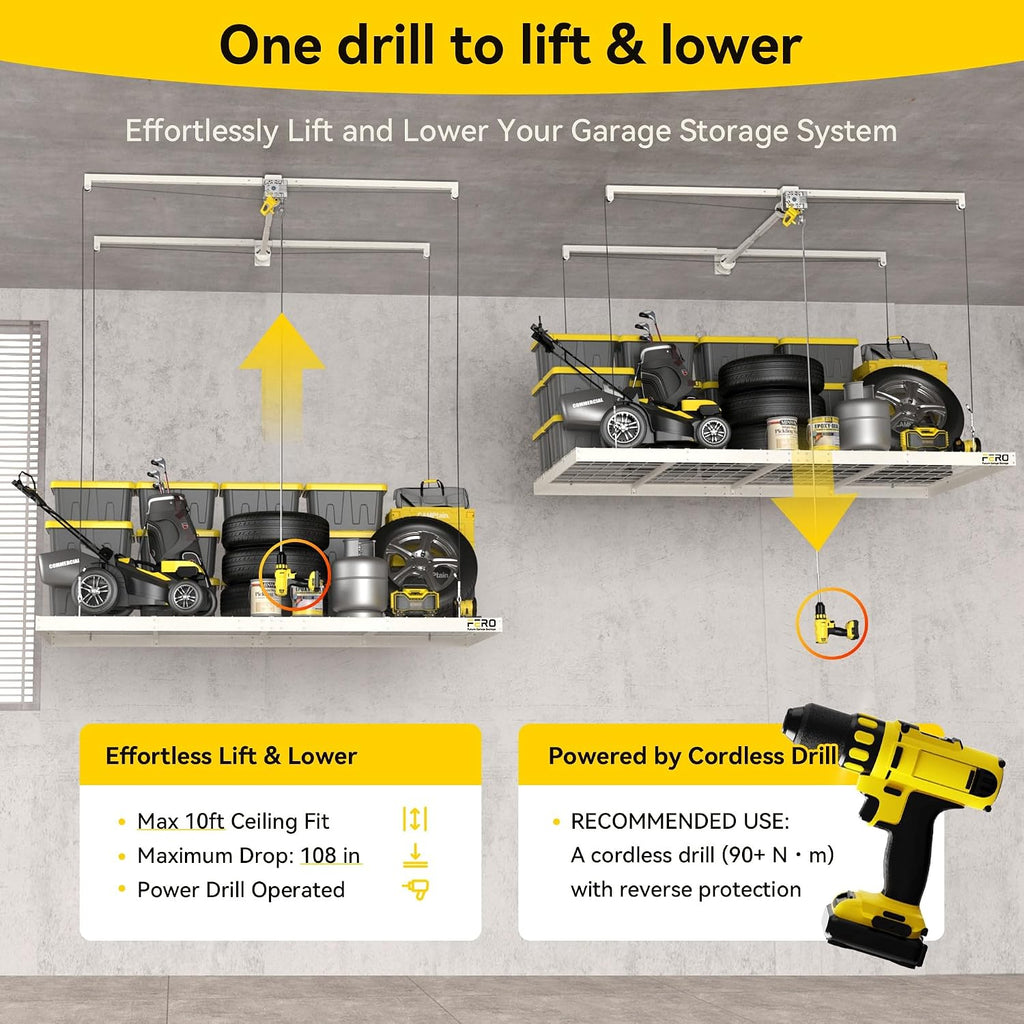 fero overhead garage storage rack 4x8, 500 lb showing dimensions