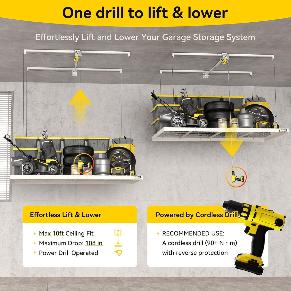 fero overhead garage storage rack 4x8, 500 lb showing dimensions