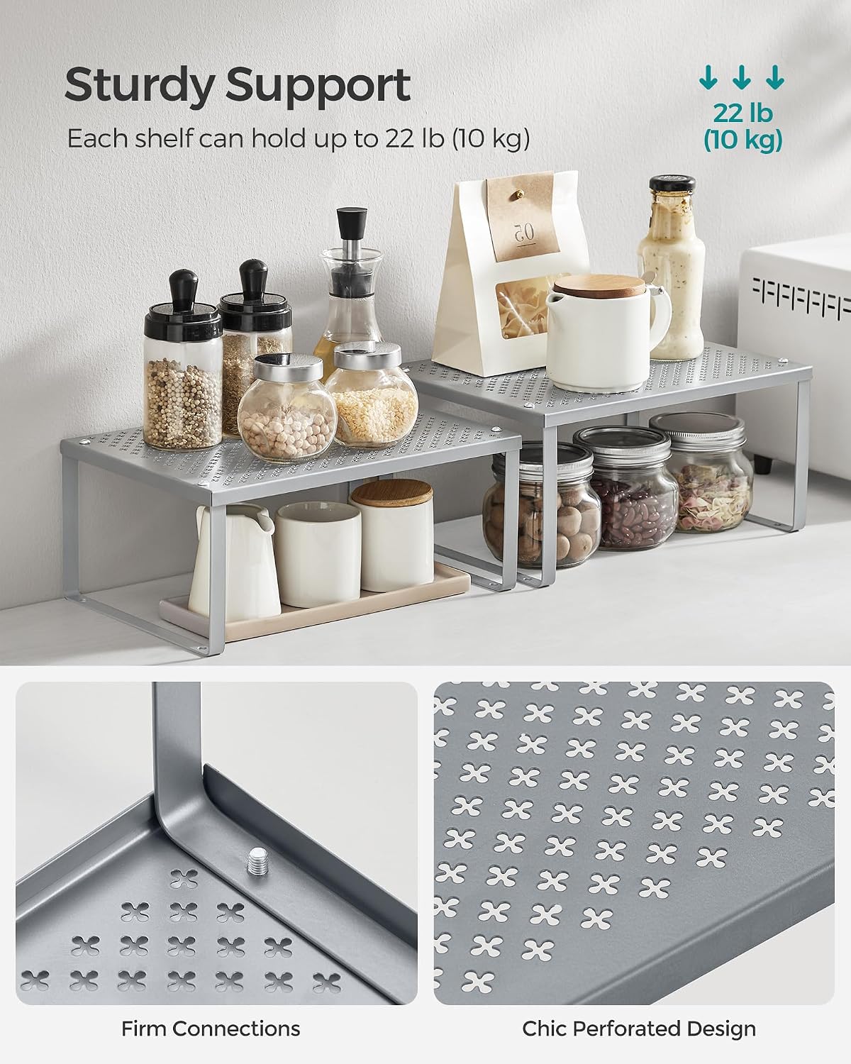 SONGMICS Set of 4 Metal Spice Racks, Stackable Expandable Shelf Risers