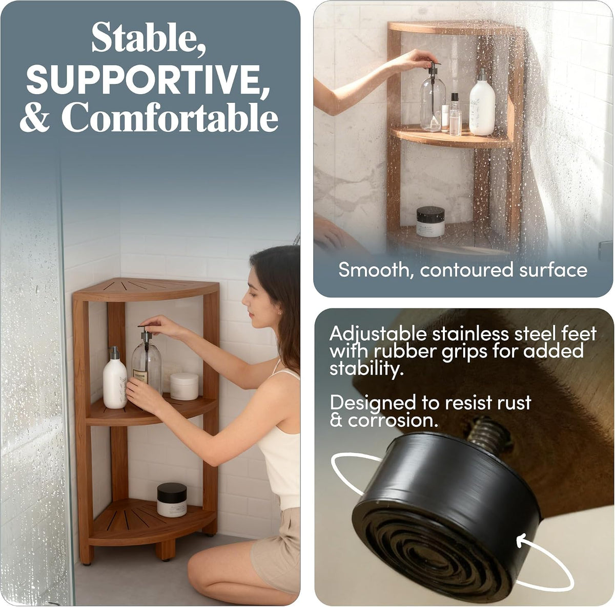 AquaTeak Kai-Petite 12" Teak Corner Shelf Stand, 3 Tier Shower Stand