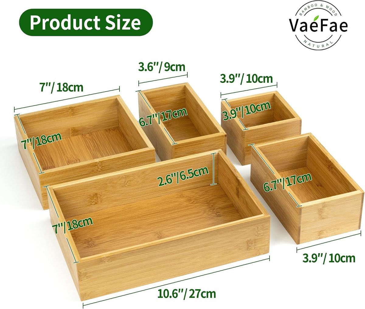 VaeFae 5 PCS Bamboo Drawer Organizers Set, 5-size Organizer Box, Storage Bins...