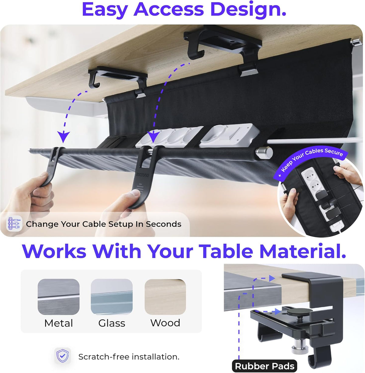 Ascrono Original Under Desk Cable Management Tray, Black, 40.6"