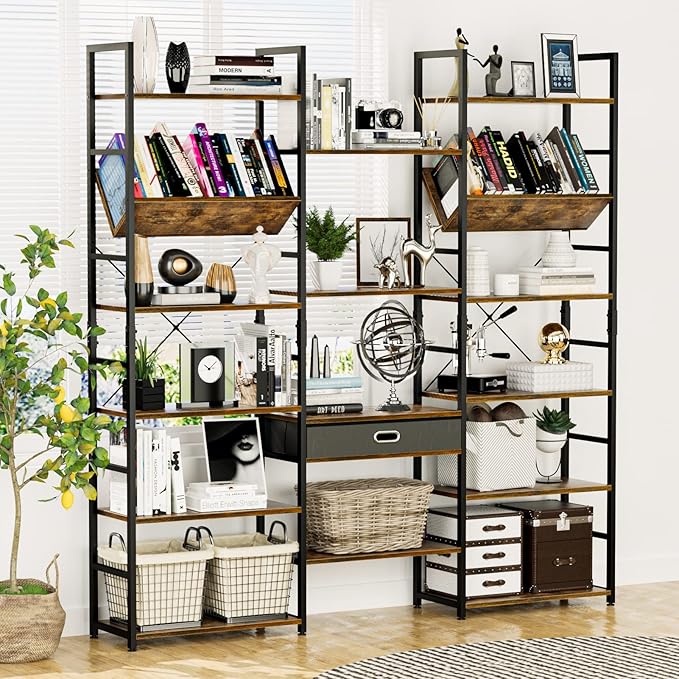 NUMENN Triple Wide 6 Tier Bookshelf, Adjustable Rustic Industrial Style Book - Image 5
