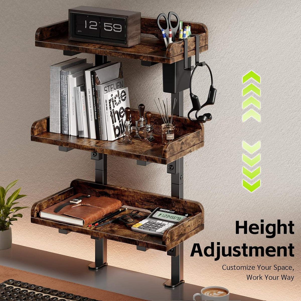 3-Tier Clamp on Wood Desktop Shelf, Adjustable Height Office Desk Organizer