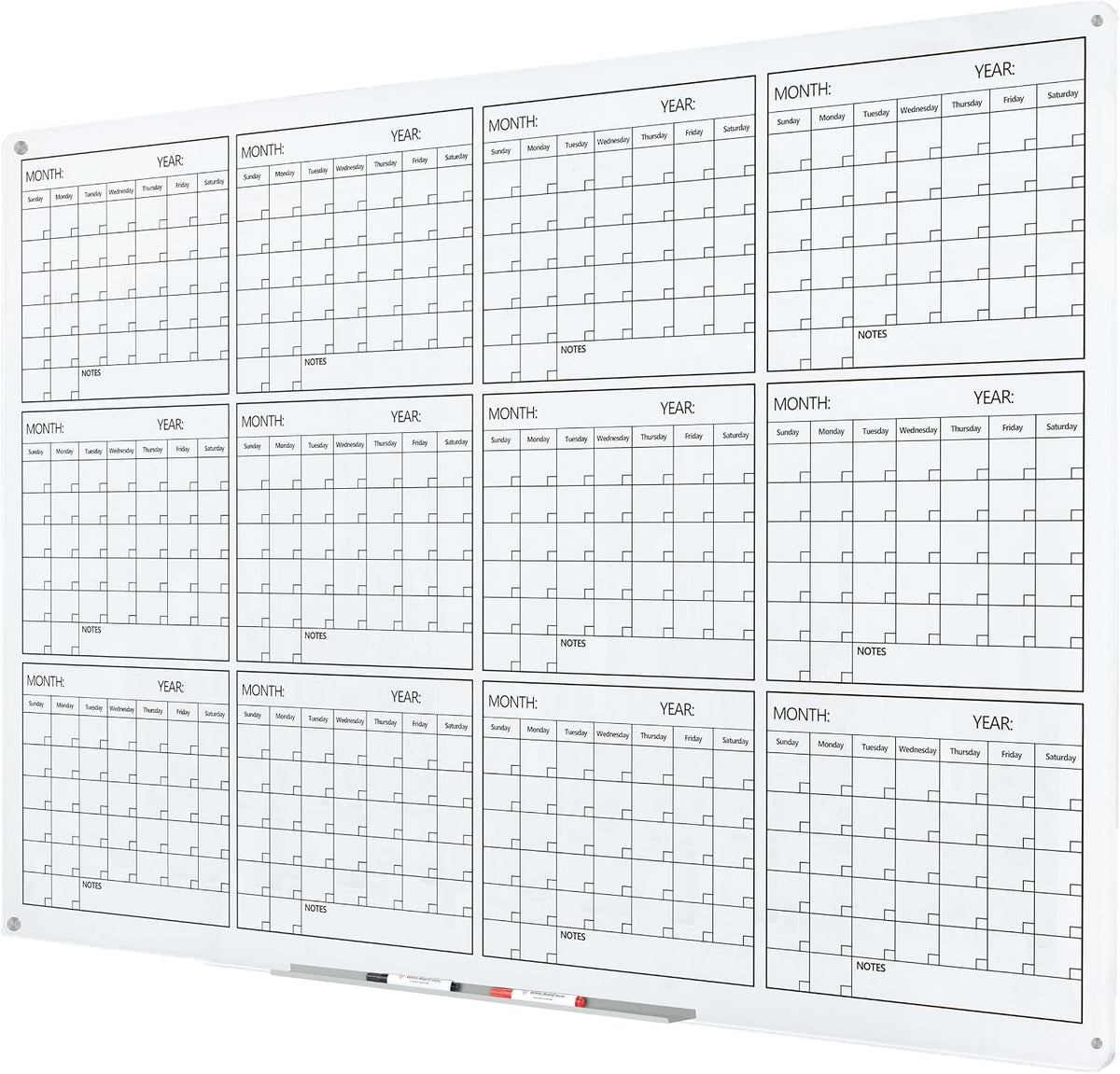 J&J worldwide Glass Whiteboard Yearly Calendar