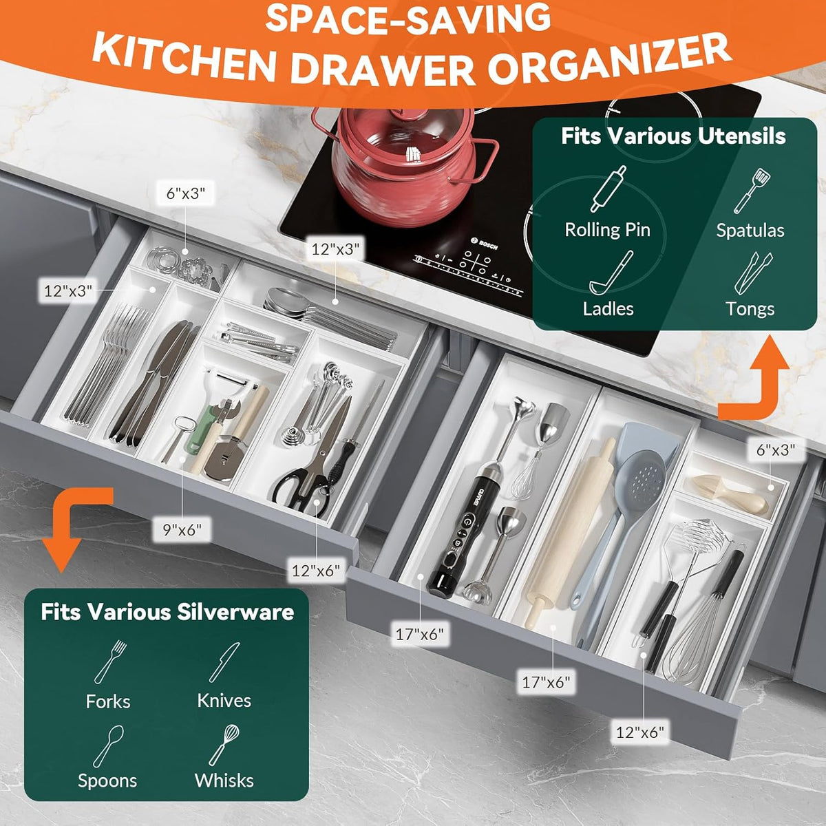 Lixple Bamboo Kitchen Drawer Organizer, 2 Pack, 12" x 3" x 2",...