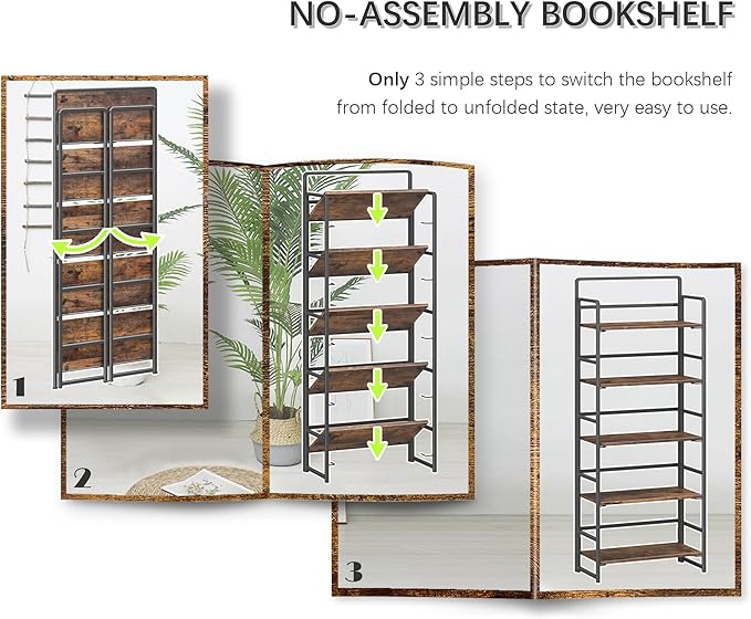 4NM No Assembly 5 Tiers Folding Bookshelf Storage Shelves Vintage Bookcase - Image 6