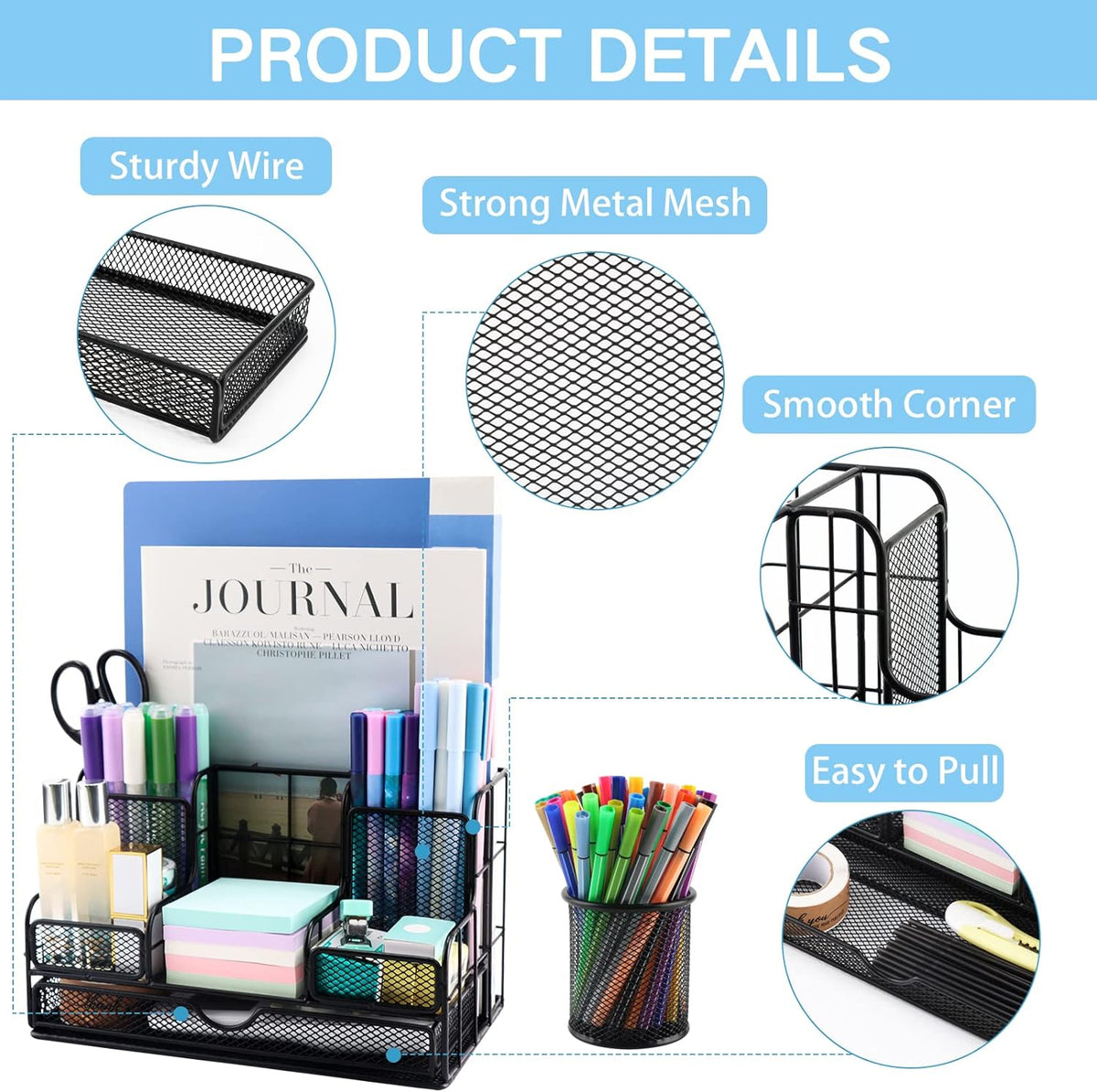 desk organizers caddy and accessories with 7 compartments, side view