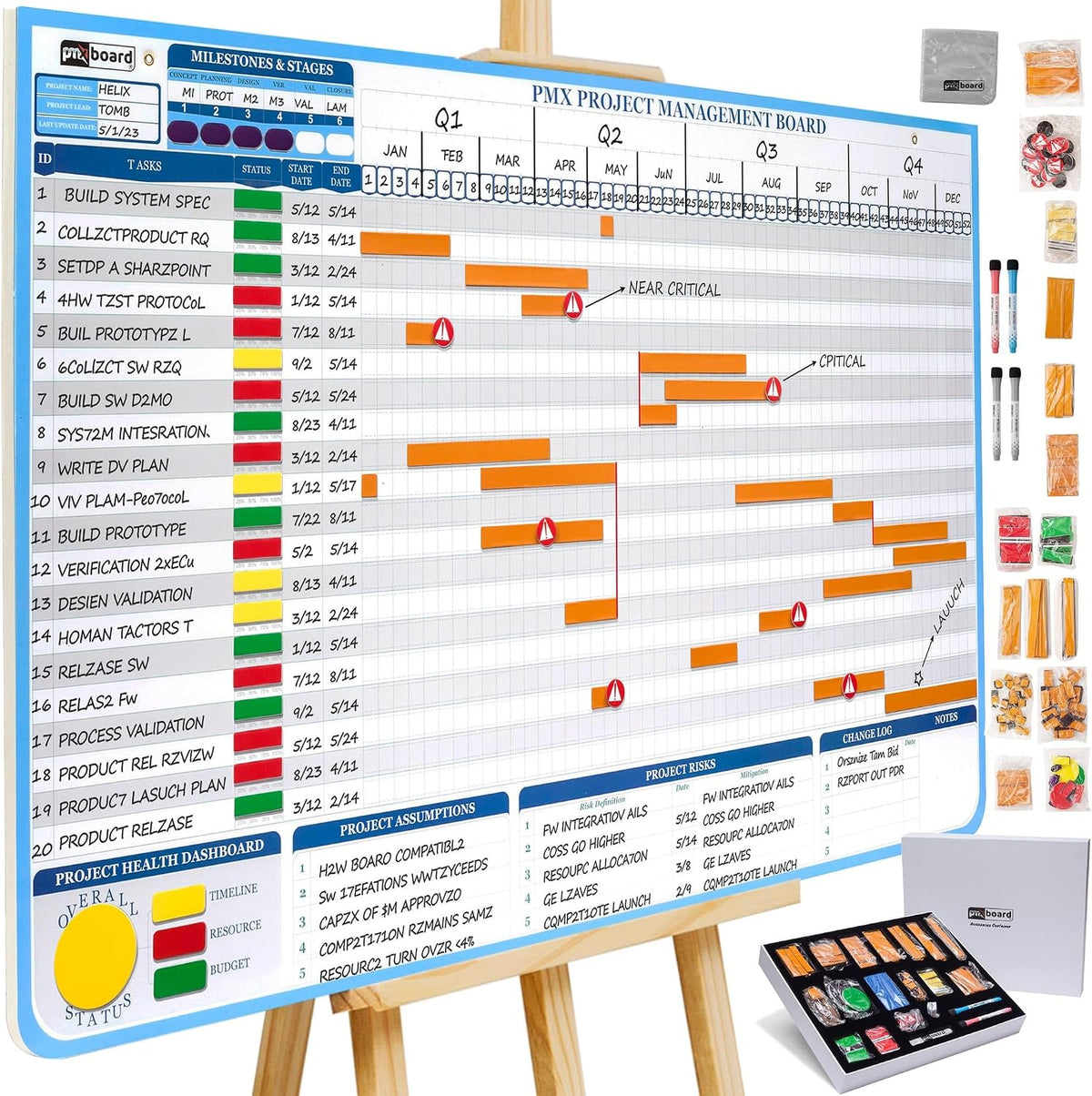 PMXBOARD Gantt Chart Project Whiteboard Kit | 668 Magnetic Pieces and Easel |