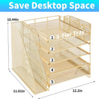 5-tier desk file organizer with drawer & pen shown in use