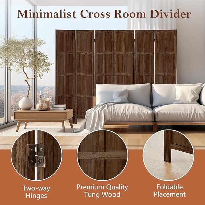Leesinwing Wood Room Divider 6 Panel Folding Privacy Screen, Classic 5.6Ft - Image 4
